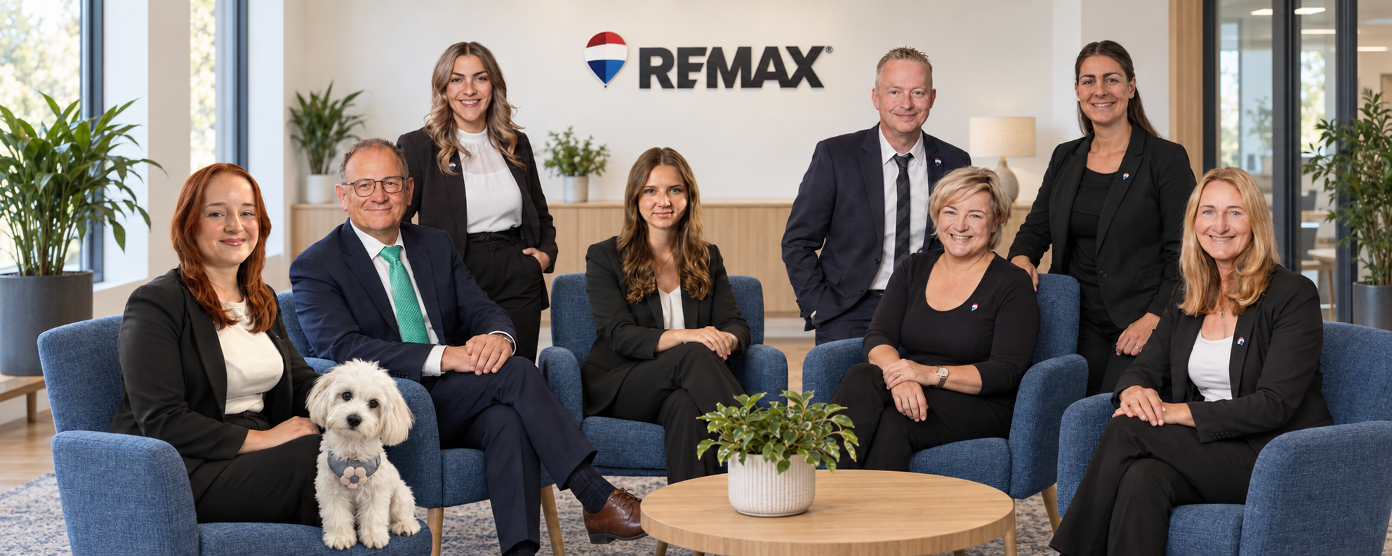 Das Team der RE/MAX Freundlichen Spezialisten in einer modernen Bürolounge